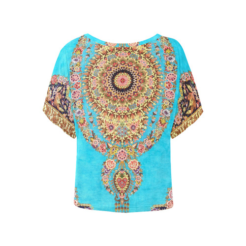 Blue Floral Persian Rug Carpet Pattern Women's Batwing-Sleeved Blouse T shirt (Model T44)