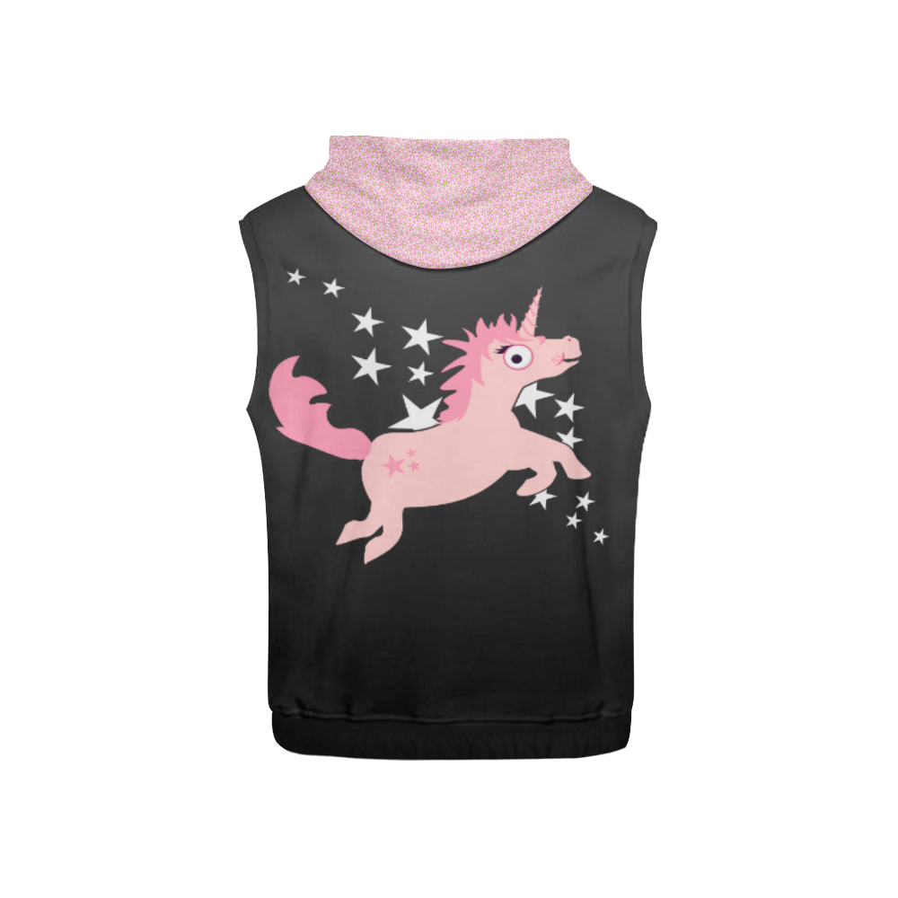 Quirky Unicorn Pink on Black VAS2 All Over Print Sleeveless Hoodie for Kid (Model H15)