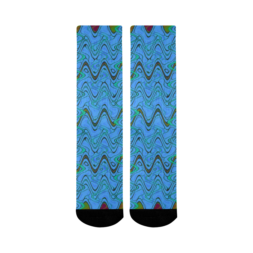 Blue Green and Black Waves Mid-Calf Socks (Black Sole)