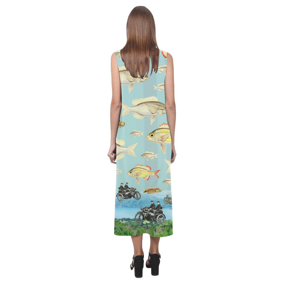 VINTAGE MOTORCYCLES AND COLORFUL FISH... IN THE MOUNTAINS Phaedra Sleeveless Open Fork Long Dress (Model D08)