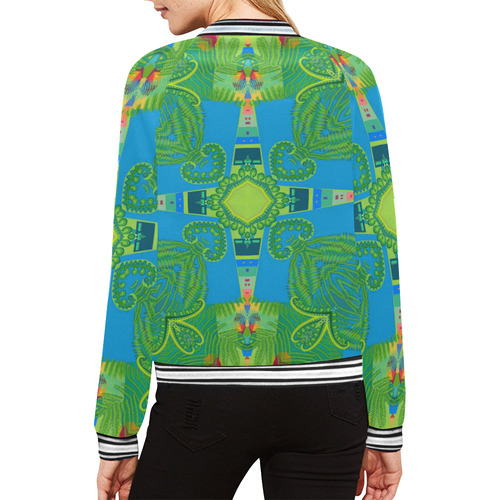 Crosses of Green and Blue All Over Print Bomber Jacket for Women (Model H21)