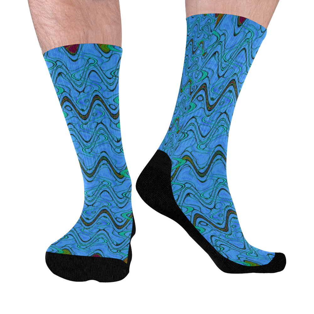 Blue Green and Black Waves Mid-Calf Socks (Black Sole)