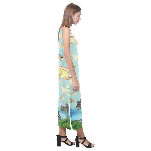 VINTAGE MOTORCYCLES AND COLORFUL FISH... IN THE MOUNTAINS Phaedra Sleeveless Open Fork Long Dress (Model D08)