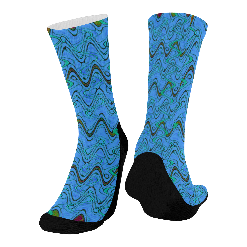 Blue Green and Black Waves Mid-Calf Socks (Black Sole)