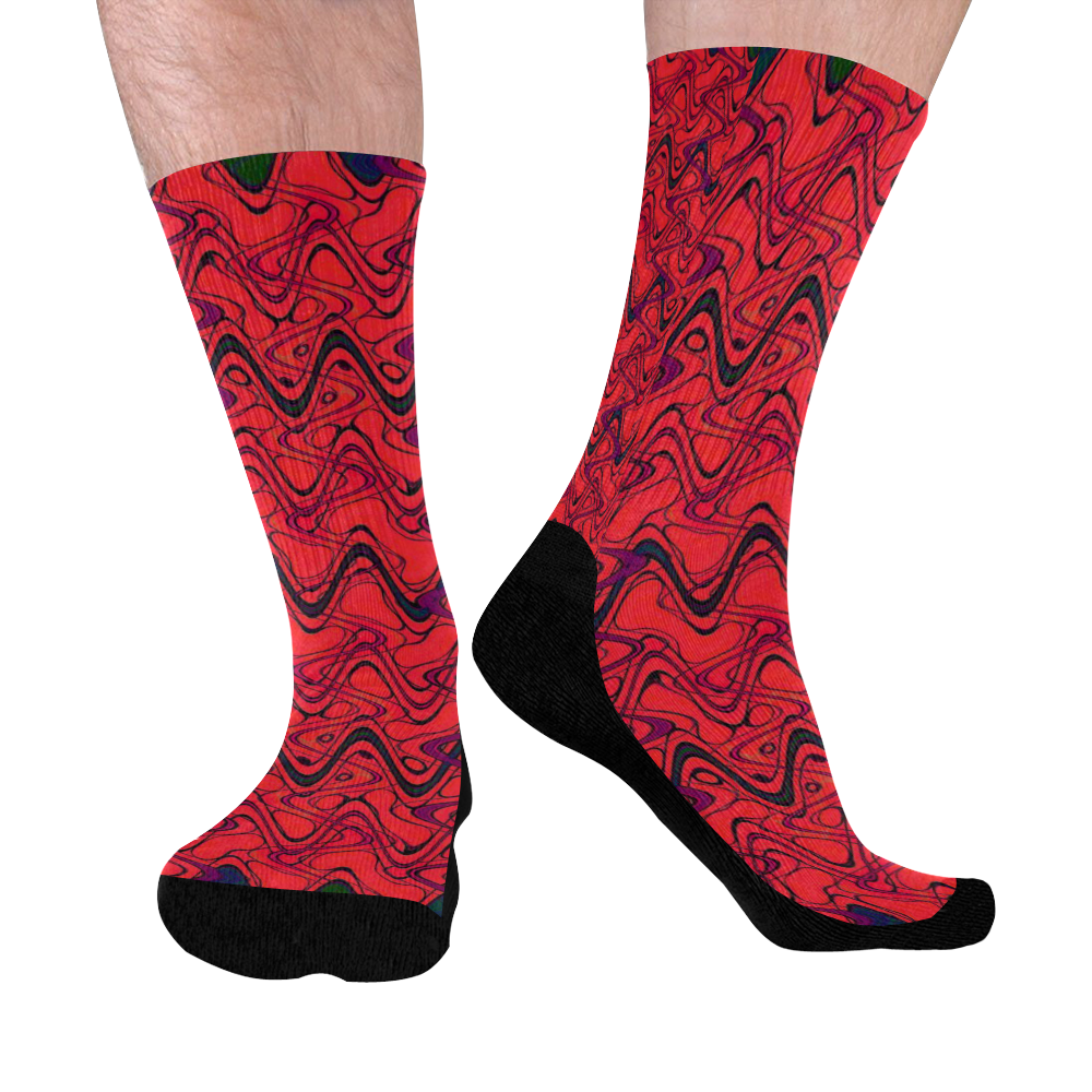 Red and Black Waves Mid-Calf Socks (Black Sole)