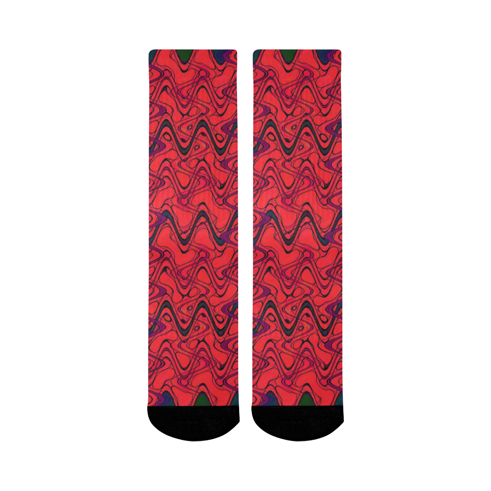 Red and Black Waves Mid-Calf Socks (Black Sole)