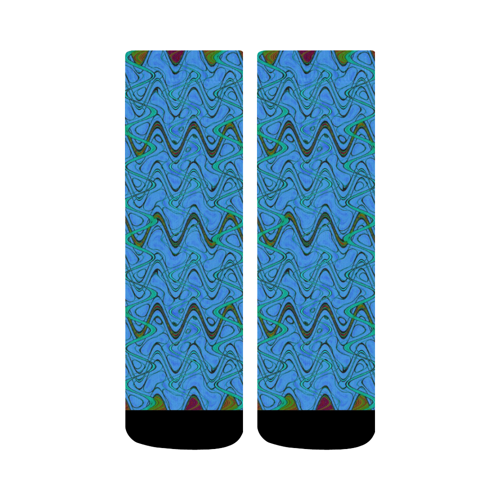 Blue Green and Black Waves Crew Socks