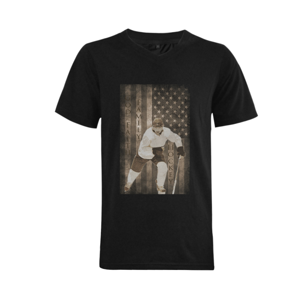 Patriotic Hockey T-Shirt with Flag Men's V-Neck T-shirt  Big Size(USA Size) (Model T10)