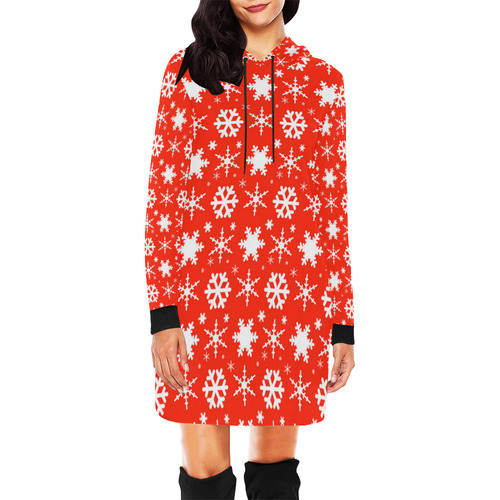 Snowflakes Red All Over Print Hoodie Mini Dress (Model H27)