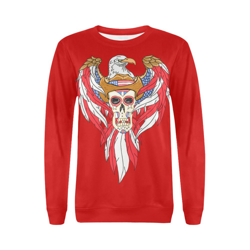 American Eagle Sugar Skull Red All Over Print Crewneck Sweatshirt for Women (Model H18)