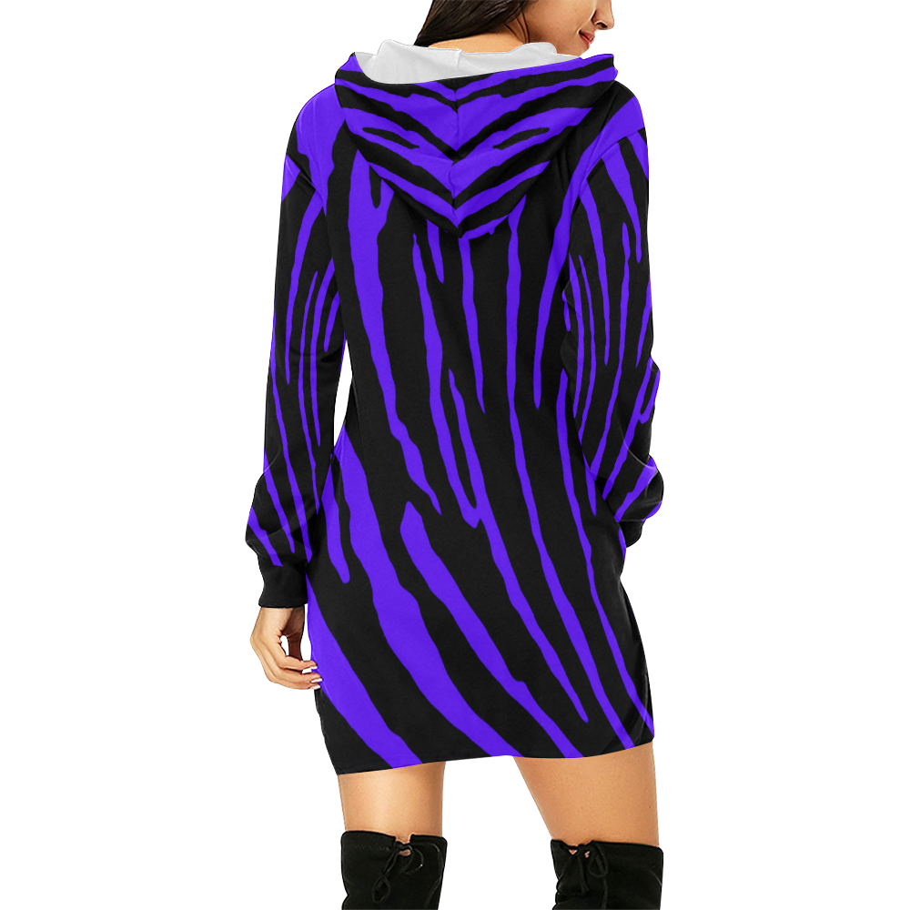 Blue Tiger Stripes All Over Print Hoodie Mini Dress (Model H27)