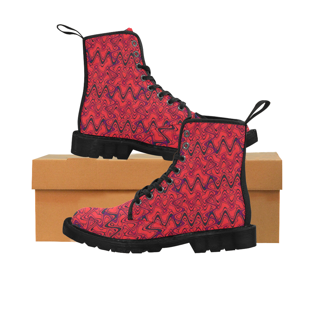 Red and Black Waves Martin Boots for Women (Black) (Model 1203H)