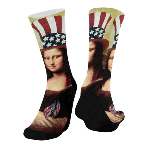 Patriotic Mona Lisa - 4th of July Mid-Calf Socks (Black Sole)