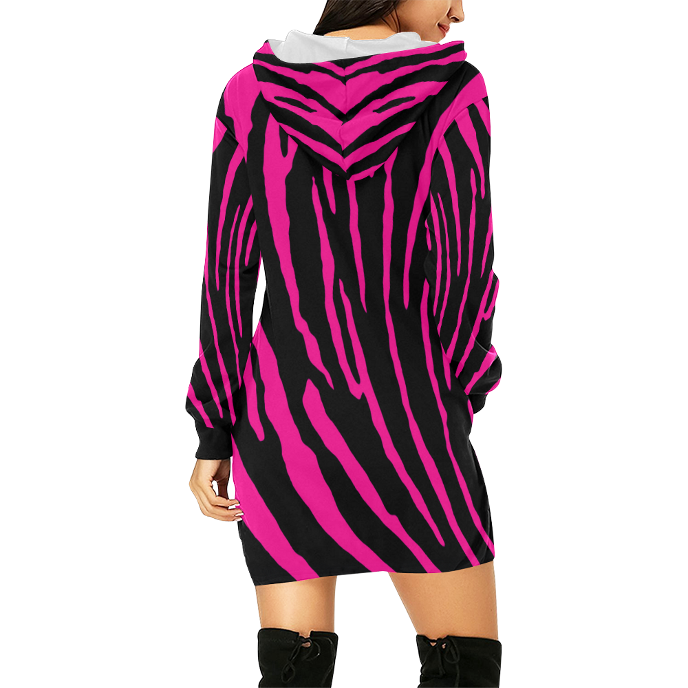 Pink Tiger Stripes All Over Print Hoodie Mini Dress (Model H27)