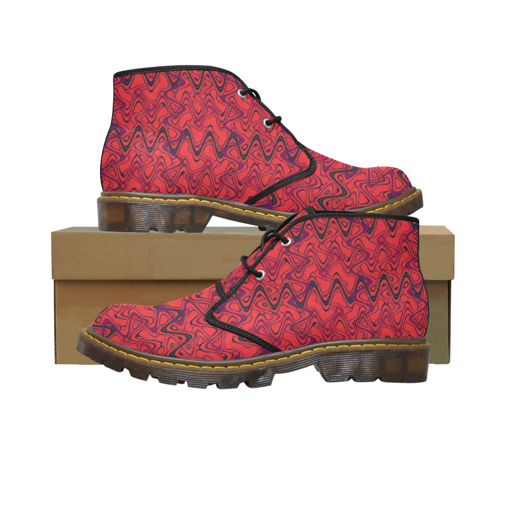 Red and Black Waves Women's Canvas Chukka Boots (Model 2402-1)