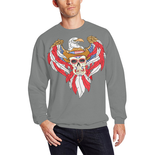 American Eagle Sugar Skull Dark Grey Men's Oversized Fleece Crew Sweatshirt/Large Size(Model H18)