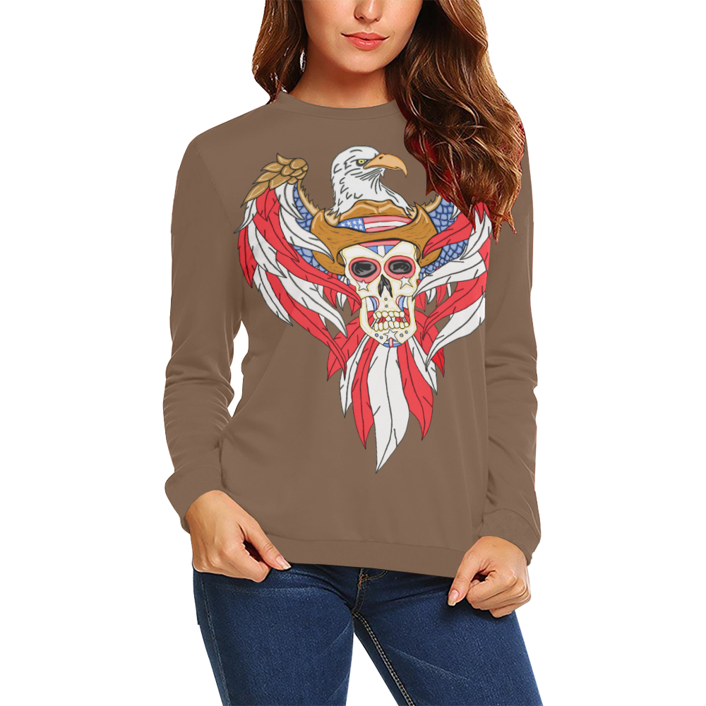 American Eagle Sugar Skull Brown All Over Print Crewneck Sweatshirt for Women (Model H18)