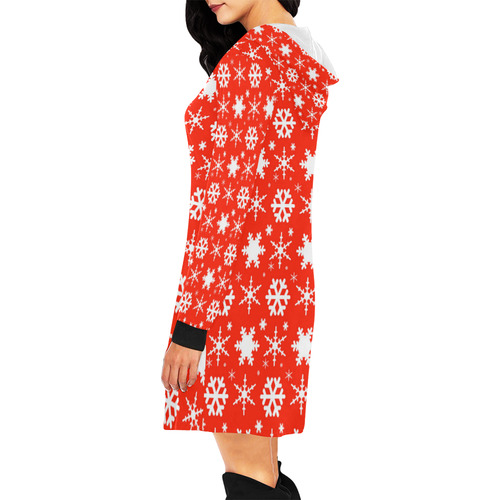 Snowflakes Red All Over Print Hoodie Mini Dress (Model H27)