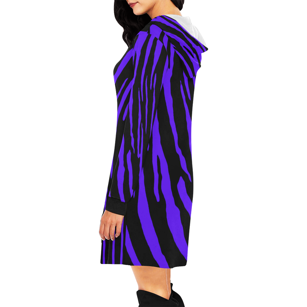 Blue Tiger Stripes All Over Print Hoodie Mini Dress (Model H27)