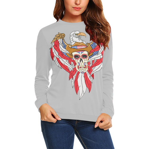 American Eagle Sugar Skull Light Grey All Over Print Crewneck Sweatshirt for Women (Model H18)
