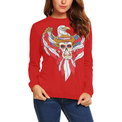 American Eagle Sugar Skull Red All Over Print Crewneck Sweatshirt for Women (Model H18)