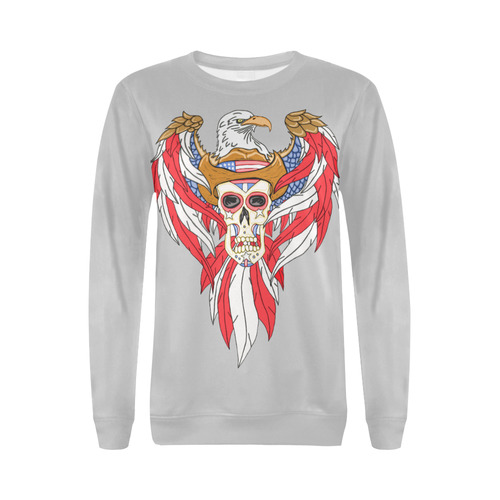 American Eagle Sugar Skull Light Grey All Over Print Crewneck Sweatshirt for Women (Model H18)