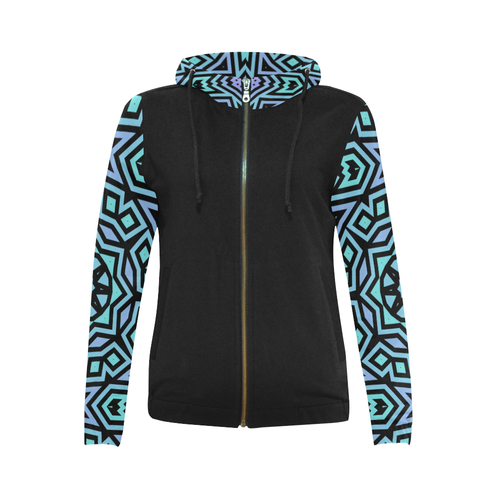 Aqua and Lilac Tribal All Over Print Full Zip Hoodie for Women (Model H14)