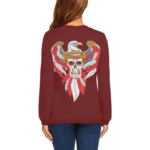 American Eagle Sugar Skull Dark Red All Over Print Crewneck Sweatshirt for Women (Model H18)