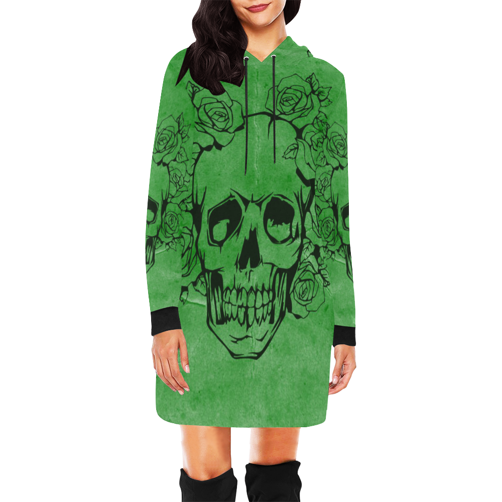 Skull with roses, green All Over Print Hoodie Mini Dress (Model H27)