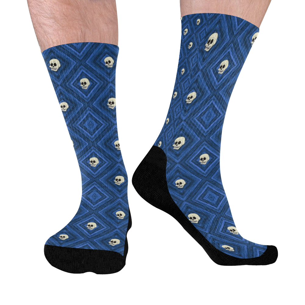 Funny little Skull pattern, blue by JamColors Mid-Calf Socks (Black Sole)
