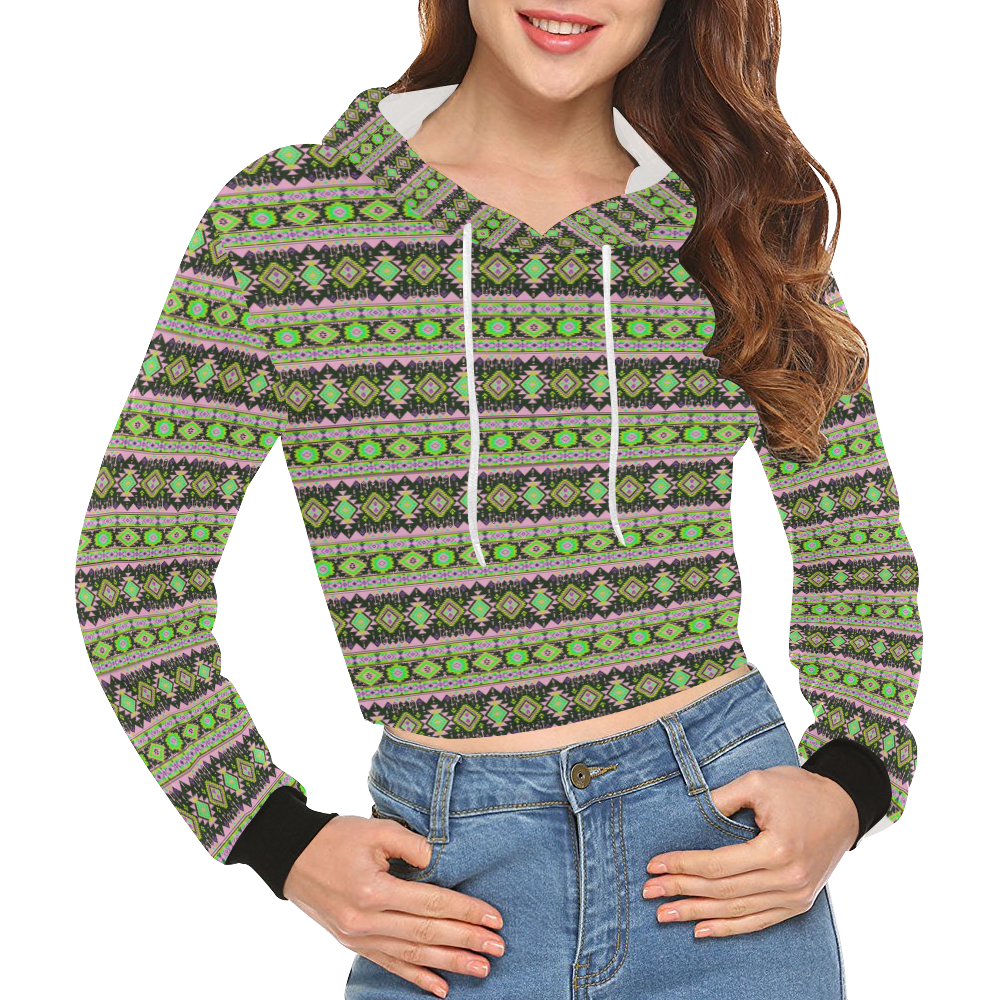 fancy tribal border pattern 17A by JamColors All Over Print Crop Hoodie for Women (Model H22)