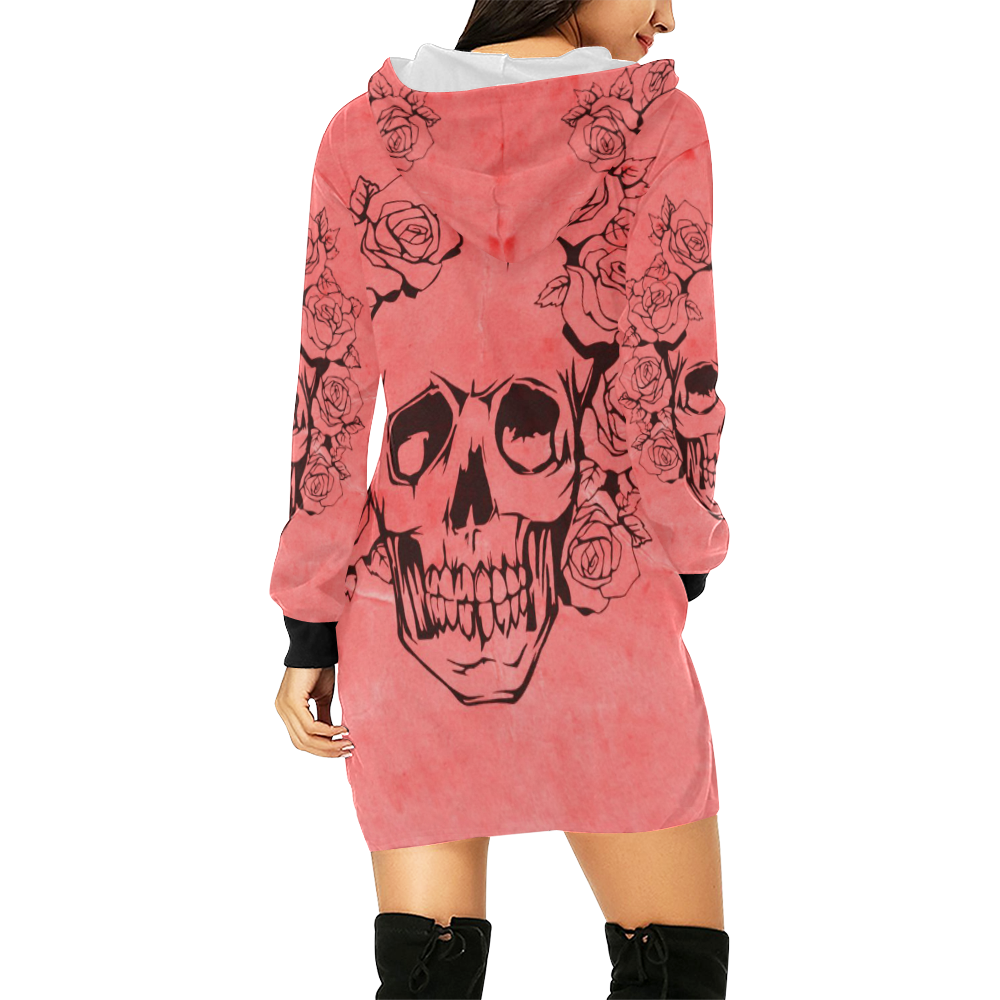 Skull with roses peach All Over Print Hoodie Mini Dress (Model H27)