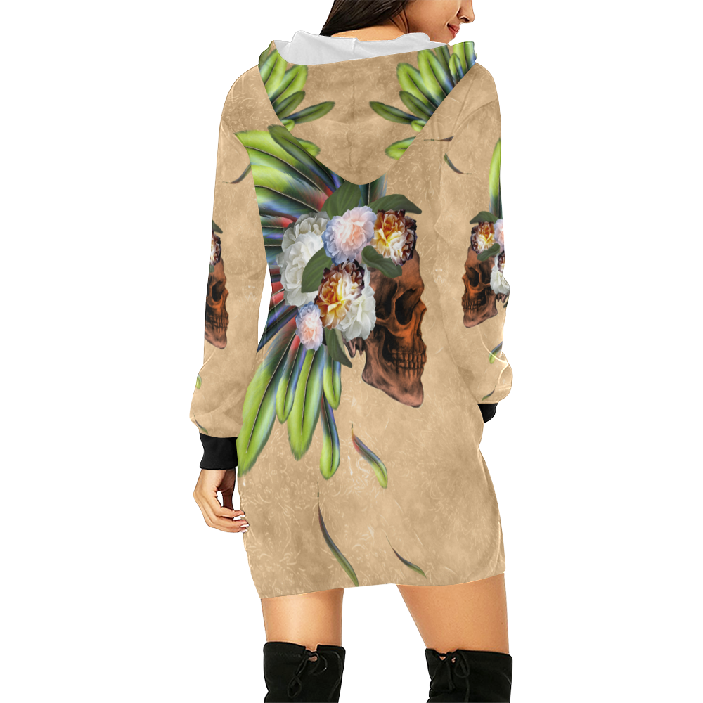 Amazing skull with feathers and flowers All Over Print Hoodie Mini Dress (Model H27)