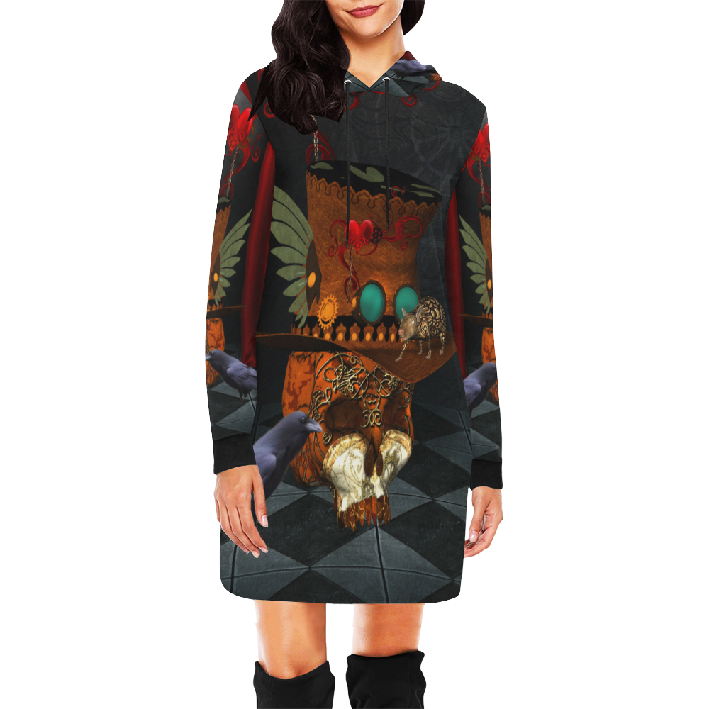 Steampunk skull with rat and hat All Over Print Hoodie Mini Dress (Model H27)