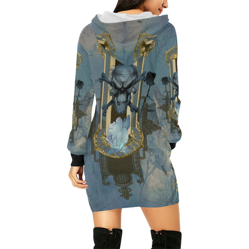 The blue skull with crow All Over Print Hoodie Mini Dress (Model H27)