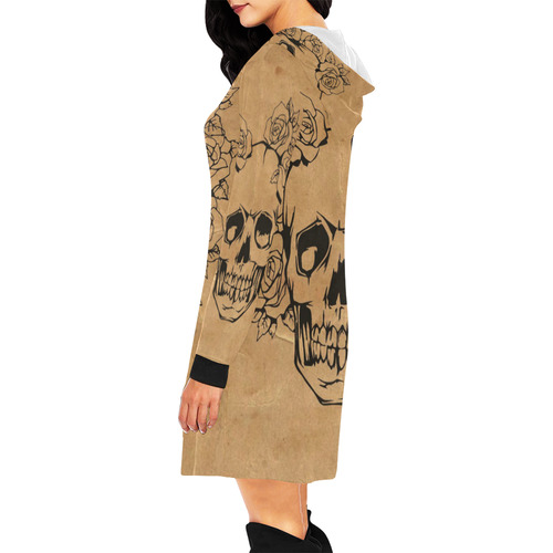 Skull with roses, vintage All Over Print Hoodie Mini Dress (Model H27)