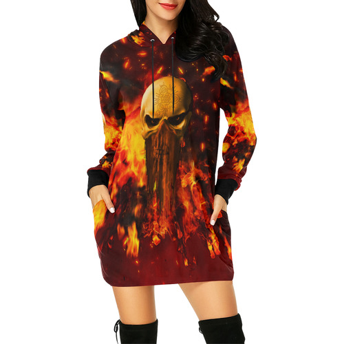 Amazing skull with fire All Over Print Hoodie Mini Dress (Model H27)