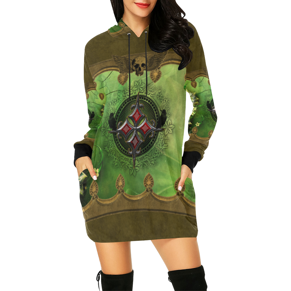 Wonderful gothic design with skull All Over Print Hoodie Mini Dress (Model H27)