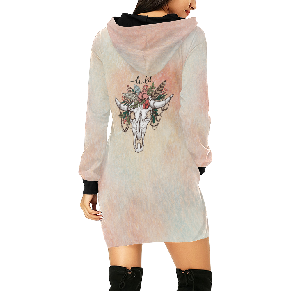 Wild Skull Boho All Over Print Hoodie Mini Dress (Model H27)