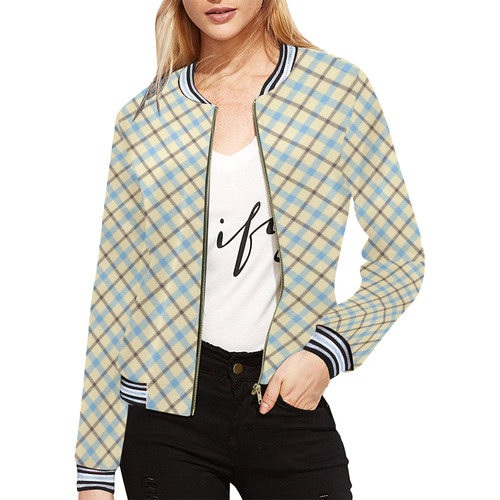 Plaid in cream, brown and baby blue All Over Print Bomber Jacket for Women (Model H21)