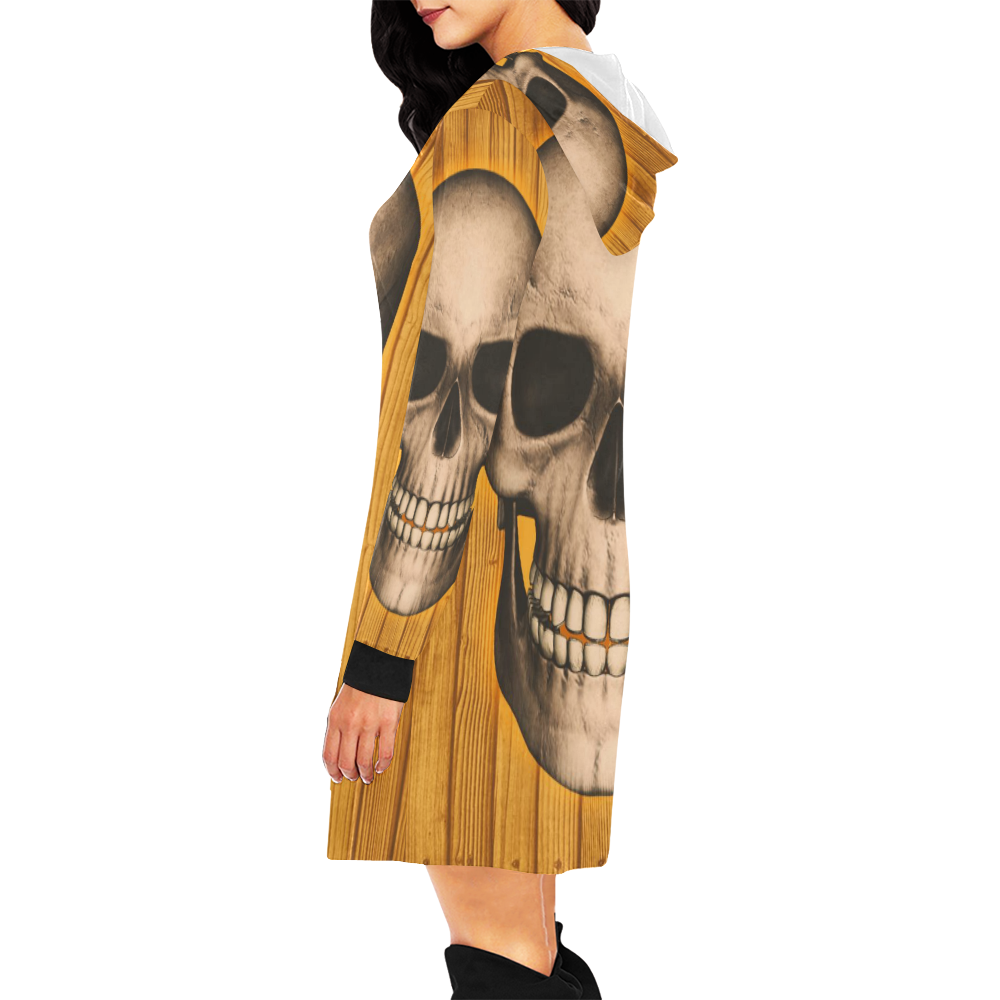 skull on wooden planks B by JamColors All Over Print Hoodie Mini Dress (Model H27)