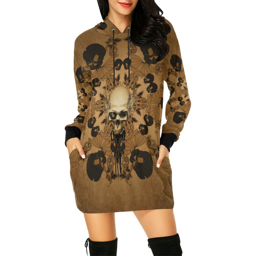 Skull with skull mandala on the background All Over Print Hoodie Mini Dress (Model H27)