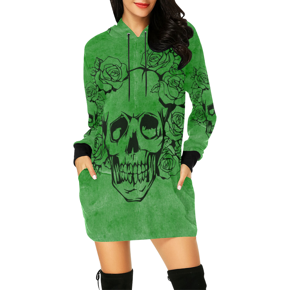 Skull with roses, green All Over Print Hoodie Mini Dress (Model H27)