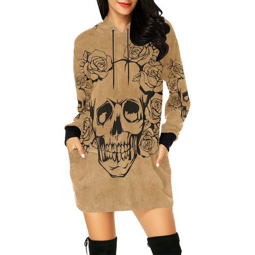 Skull with roses, vintage All Over Print Hoodie Mini Dress (Model H27)