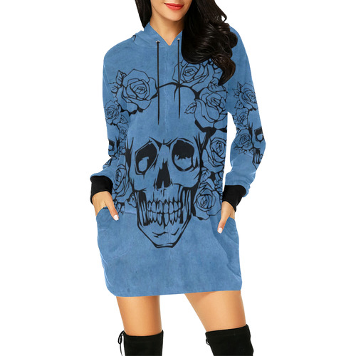 Skull with roses, blue All Over Print Hoodie Mini Dress (Model H27)