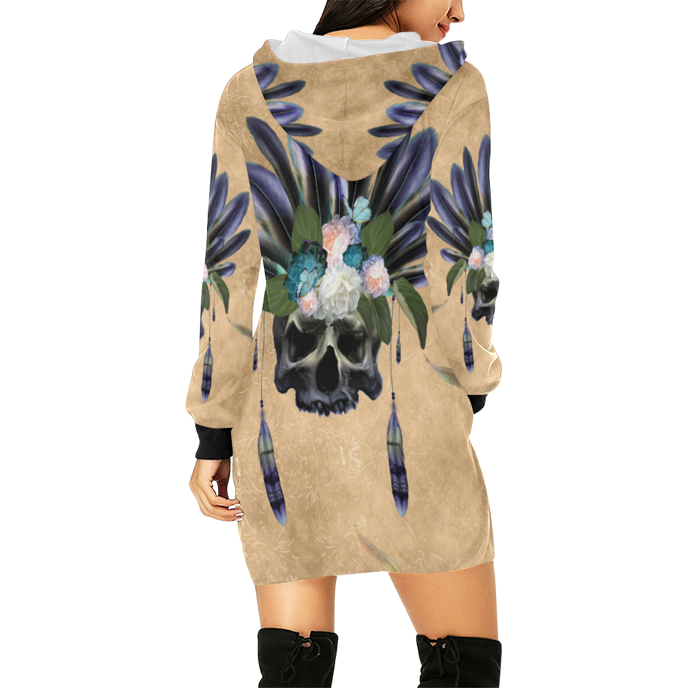 Cool skull with feathers and flowers All Over Print Hoodie Mini Dress (Model H27)