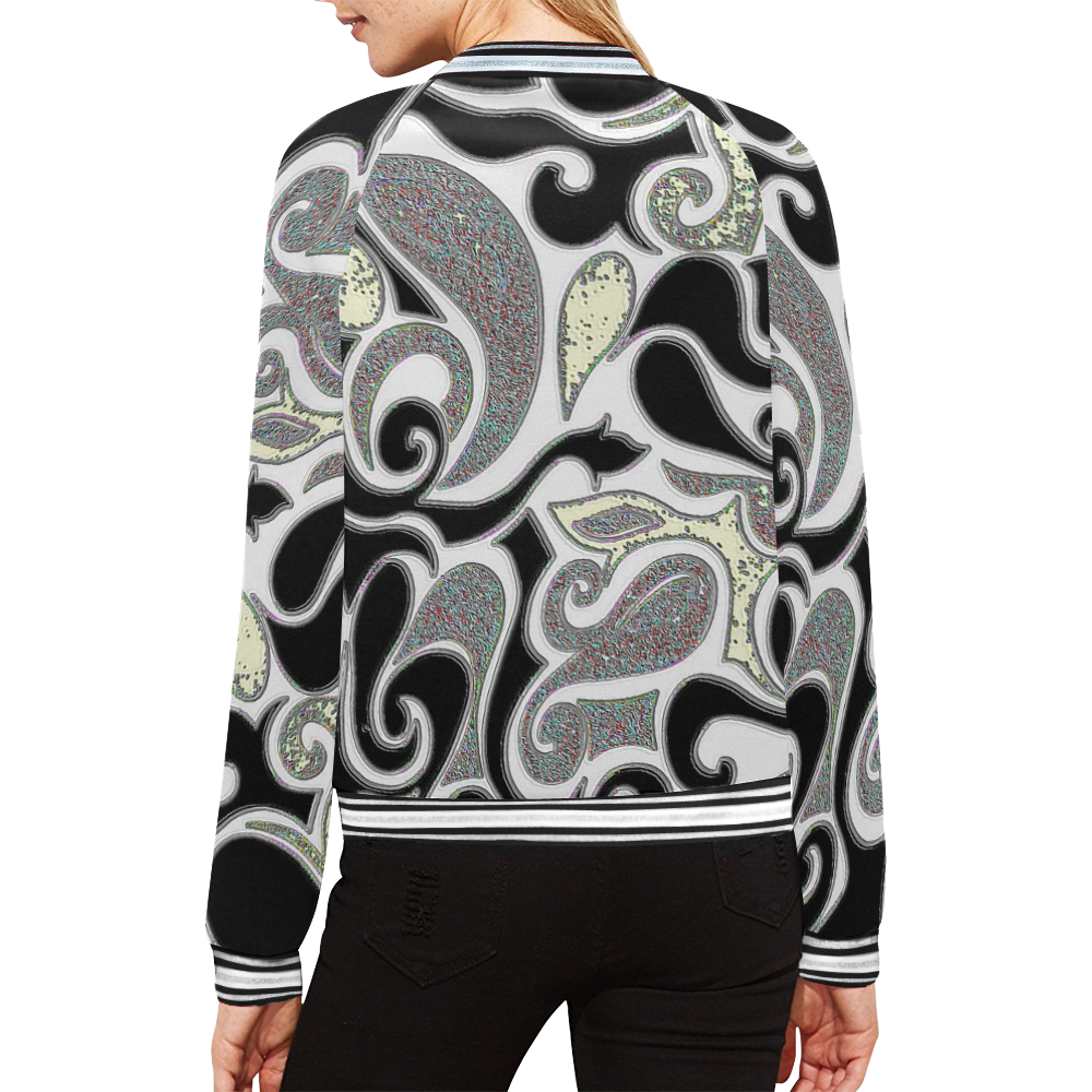 retro abstract swirls in black and white All Over Print Bomber Jacket for Women (Model H21)