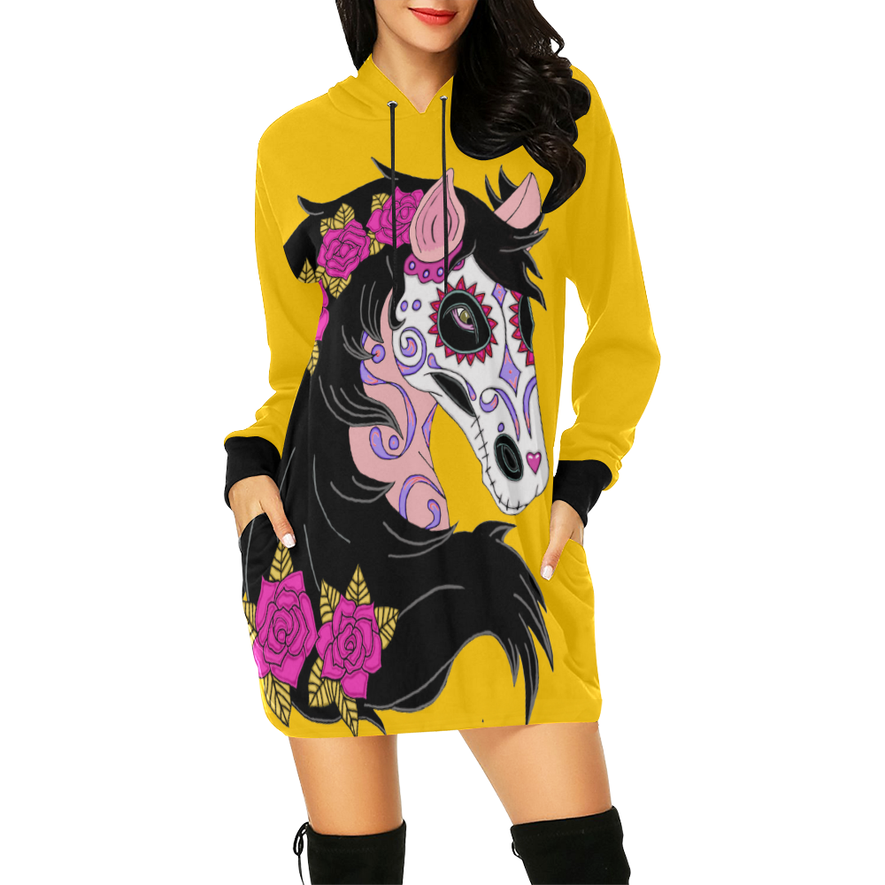 Sugar Skull Horse Pink Roses Yellow All Over Print Hoodie Mini Dress (Model H27)