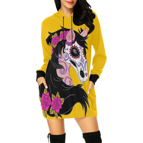 Sugar Skull Horse Pink Roses Yellow All Over Print Hoodie Mini Dress (Model H27)