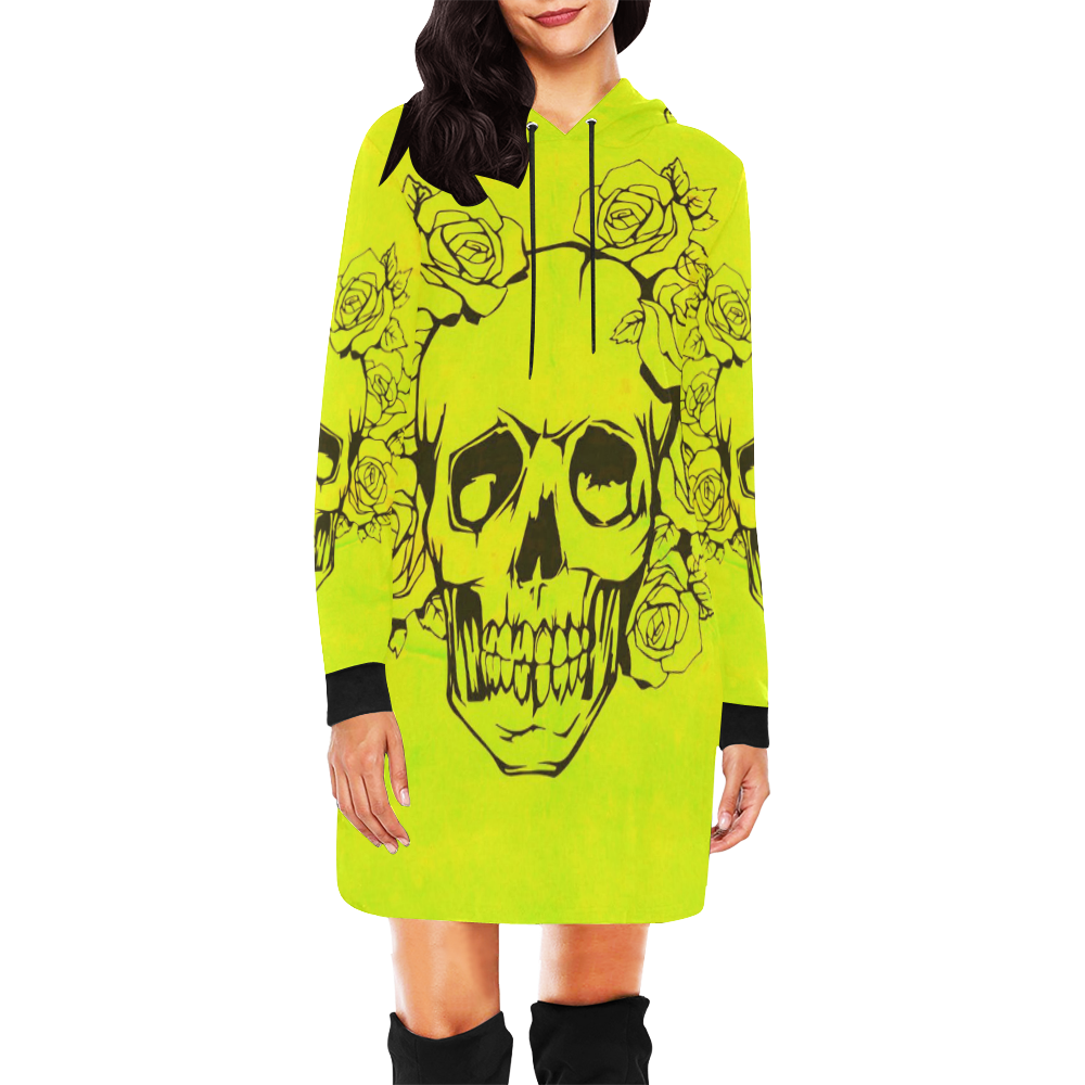 Skull with roses, yellow All Over Print Hoodie Mini Dress (Model H27)